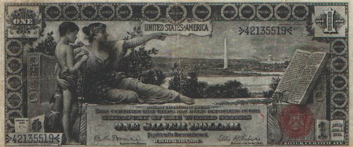 (Obverse of 1896
$1 note, serial #42135519, Bruce/Roberts signatures)