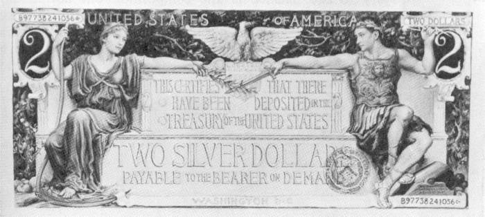 (Original
painting of Will H. Low's 1896 $2 note design)