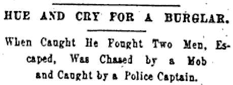 HUE AND CRY FOR A BURGLAR. When Caught He Fought Two Men, Escaped, Was Chased by a Mob and Caught by a Police Captain.