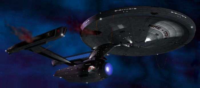 (Photo of Her Majesty's Starship
 Enterprise, HMS-1701-A. Mooring ropes can just be seen.)